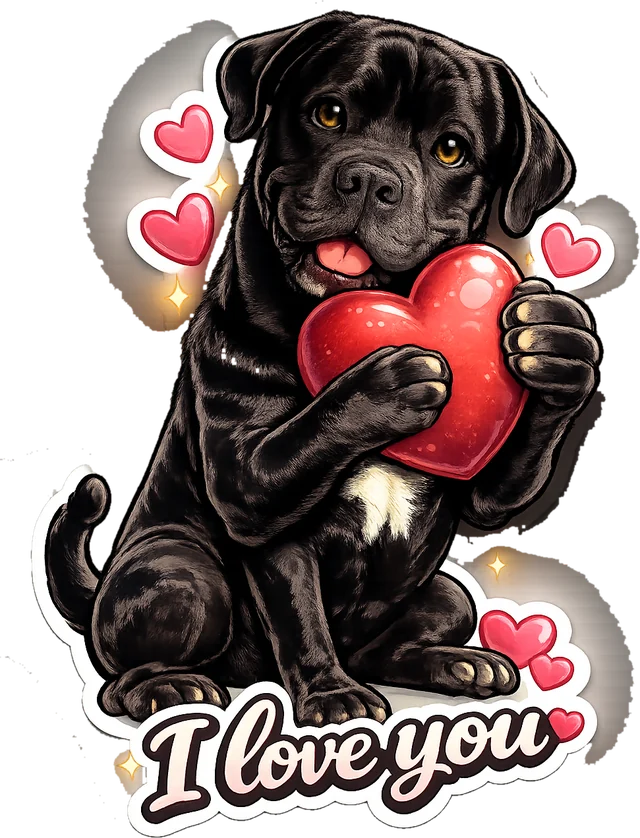 Nero, der Cane Corso, hält ein rotes Herz – „I love you